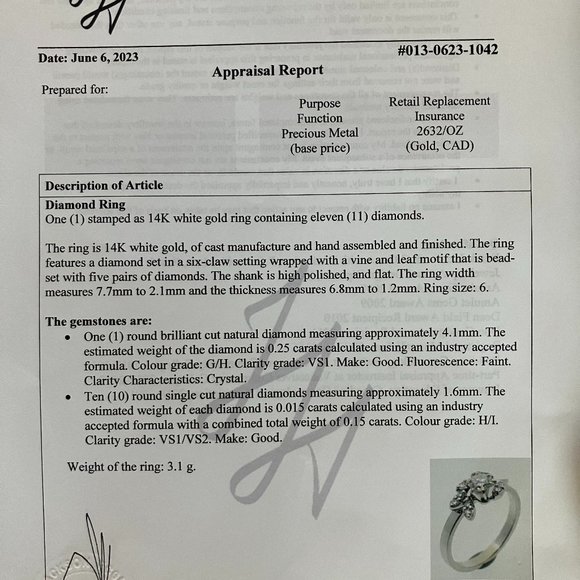 14k White gold ring, Size 6 with REAL Diamonds. Comes with appraisal - Picture 11 of 16